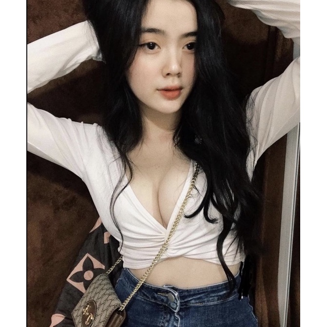Áo Croptop Cổ V Tay Dài Xoắn Ngực Cổ V Chất Gân Co Giãn Gợi Cảm