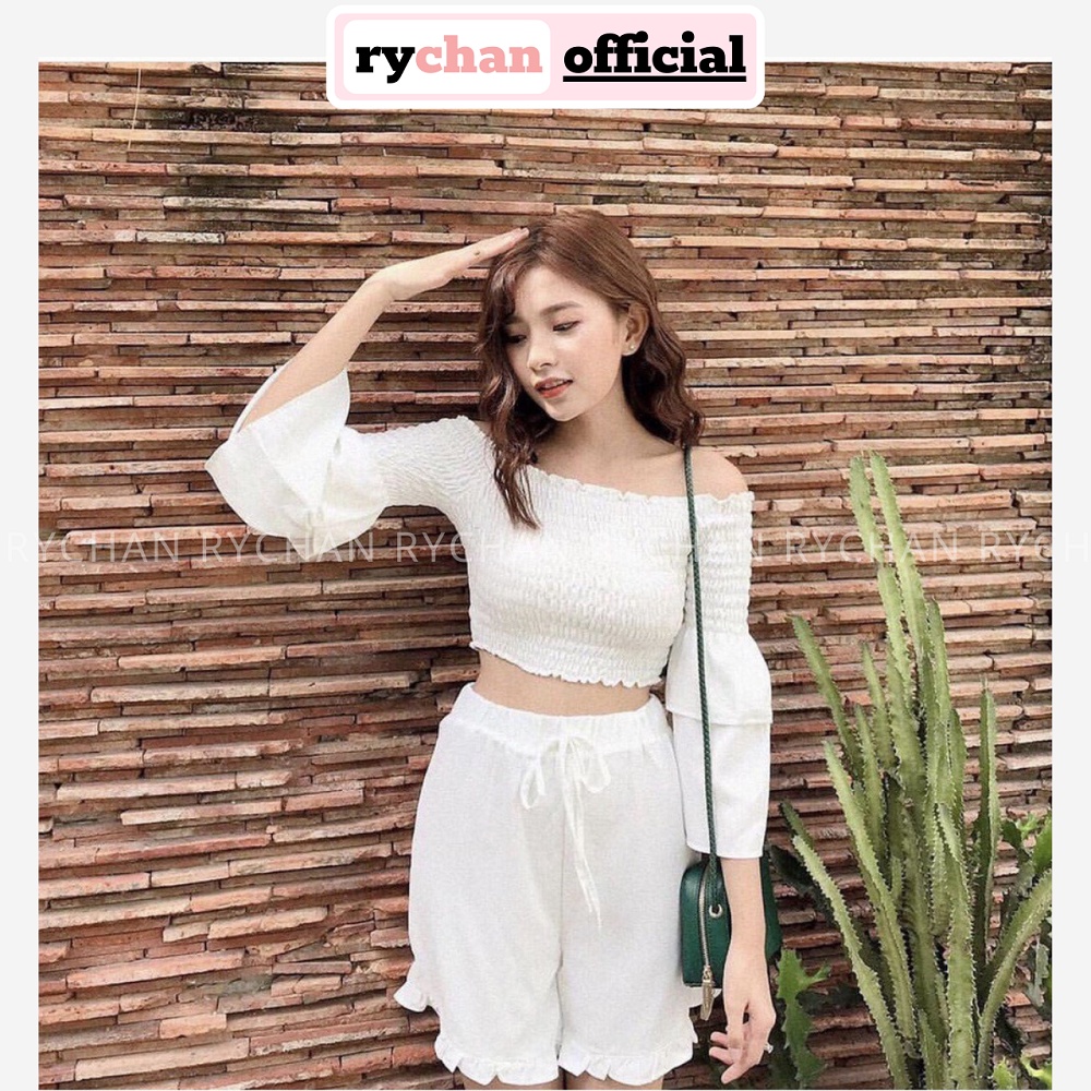 SE753 - Set Áo Trễ Vai Nhún Và Quần Váy Trắng