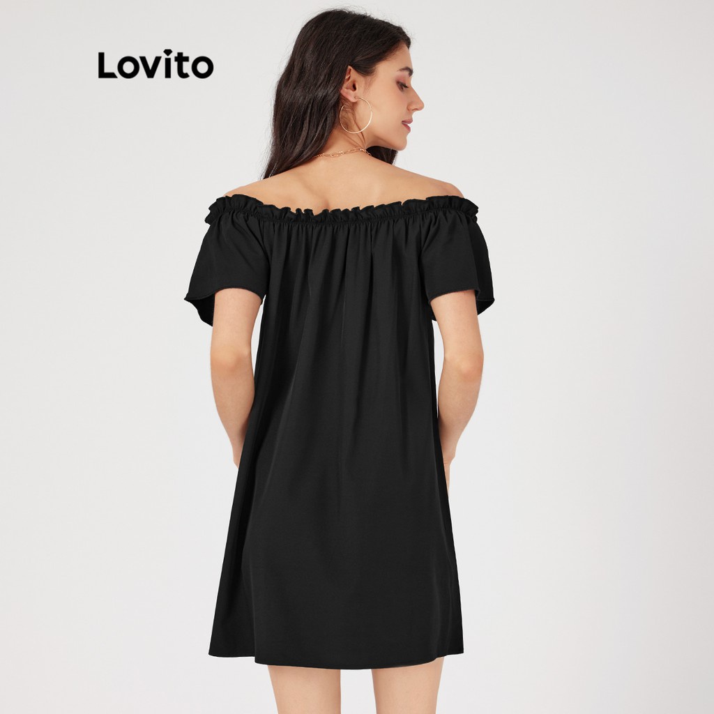 Đầm Lovito xếp nếp trễ vai màu trơn thường ngày L23LD058 (màu đen)