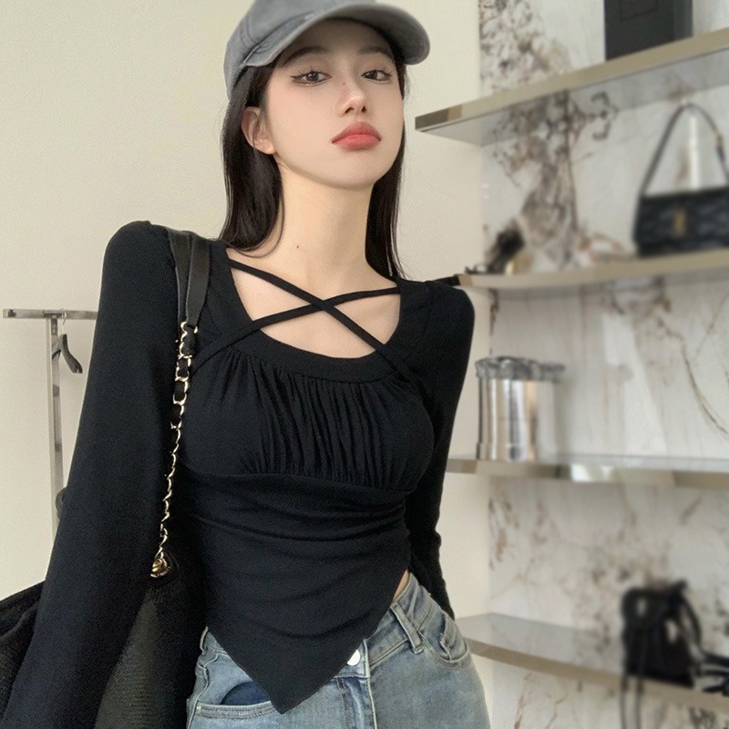 Áo Thun Tay Dài Cổ Vuông Màu Sắc Ngọt Ngào Thiết Kế Dây Rút Phong Cách Hàn Quốc Cho Nữ