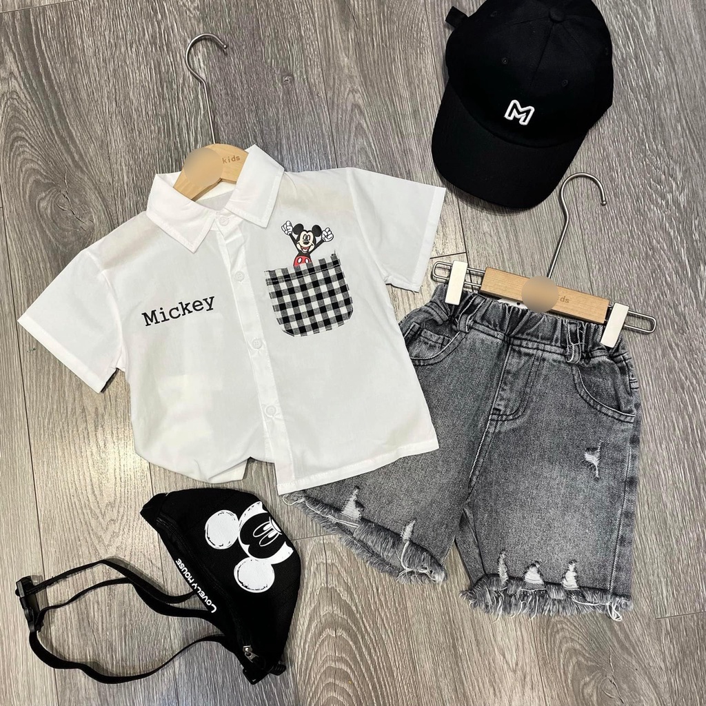Bộ cộc tay Mickey áo polo túi kẻ phối quần jean cực đẹp cho bé trai bé gái Namkidshop (QATE433)