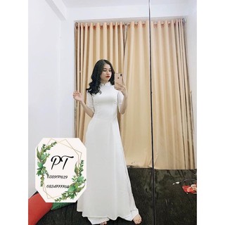 Áo dài trắng trơn 2 tà đẹp có cả cổ tròn và cổ 2p