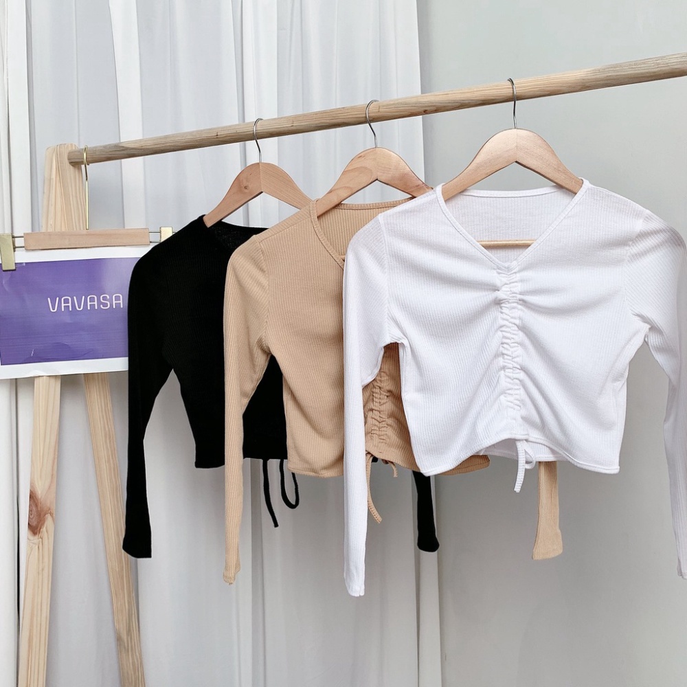 Áo croptop nữ tay dài kiểu ôm rút dây cổ tim bigsize thun body VAVASA CT03 - Hàng nhập khẩu | BigBuy360 - bigbuy360.vn
