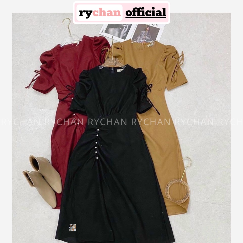 Đầm Xòe Midi Tay Phồng Rút Sườn Đính Ngọc 3 Màu Sang Trọng - DX9990