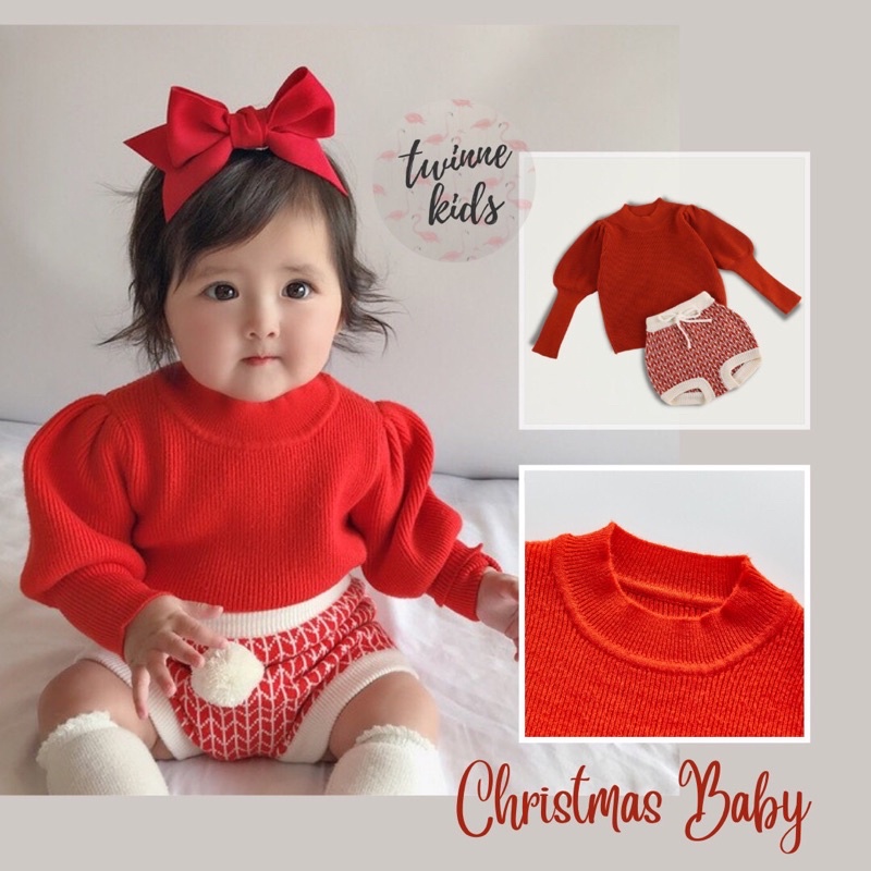 Set len Giáng Sinh áo và quần short hoạ tiết (kèm turban như ảnh) dành cho Noel, set bé gái Xmas 0-24 tháng