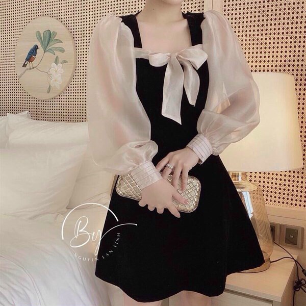 (FreeShip) Đầm tiểu thư đi tiệc dáng xòe,đầm cổ vuông tay dài phồng phối voan,cột nơ trước ngực,lên from xinh xĩu