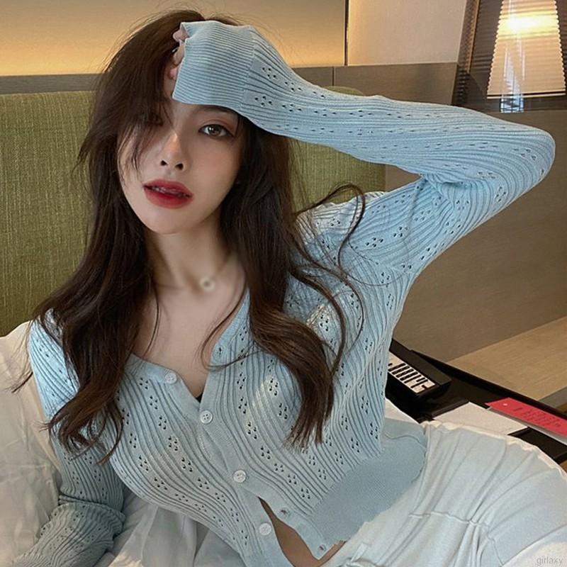 Áo Cardigan Dệt Kim Tay Dài Cổ Chữ V Màu Trơn Phong Cách Retro Hàn Quốc