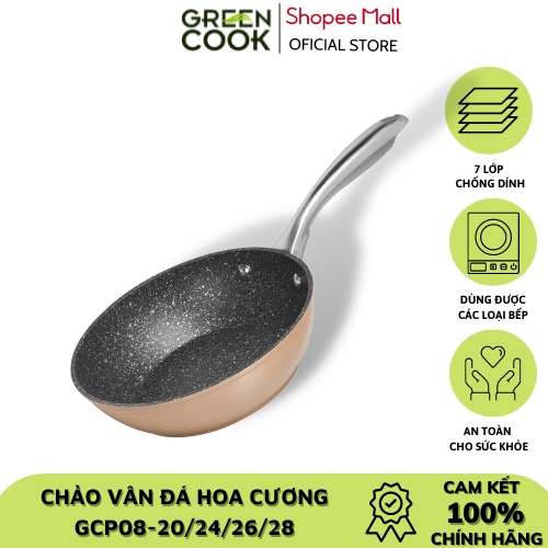 Chảo đáy từ vân đá hoa cương chống dính Green Cook GCP08 sâu lòng tay cầm inox chống bỏng chắc chắn