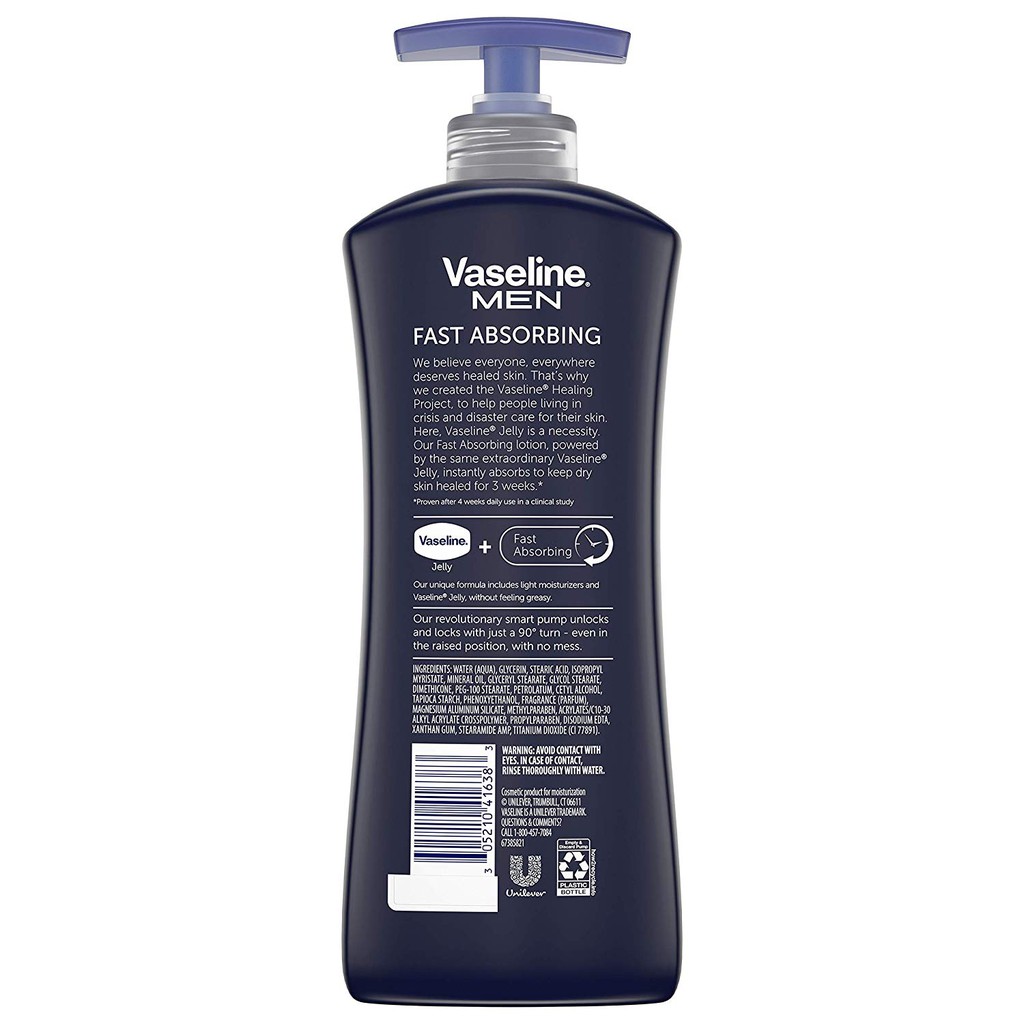 Dưỡng thể cho cơ thể &amp; mặt nam giới Vaseline Men Fast Absorbing Body &amp; Face Lotion 600ml (New) (Mỹ)