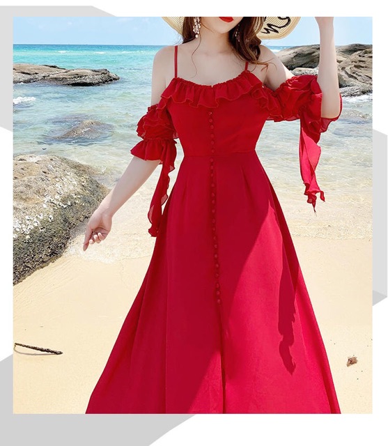 🔴 Váy maxi đỏ tay bèo 2 dây xẻ tà đi biển chụp hình siêu đẹp ạ