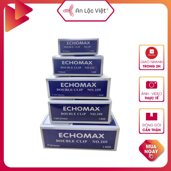1 Hộp = 12 cái Kẹp Bướm - Kẹp Giấy Đen EchoMax 15mm - 19mm- 25mm - 32mm - 41mm - 51mm chất liệu inox không rỉ, cứng cáp.