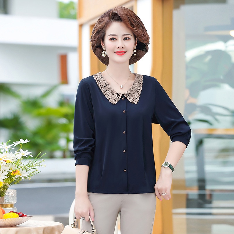 Áo sơ mi kiểu đẹp nữ trung niên tay dài cổ ren sang trọng V'vie Ladies 3 màu tặng mẹ