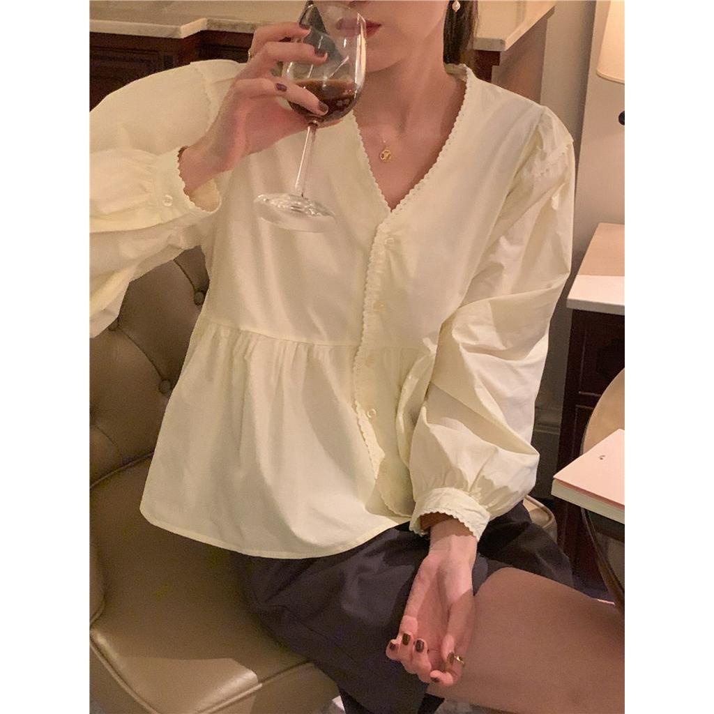 Áo Sơ Mi Dài Tay Rộng Cổ Chữ V Khâu Ren 60921