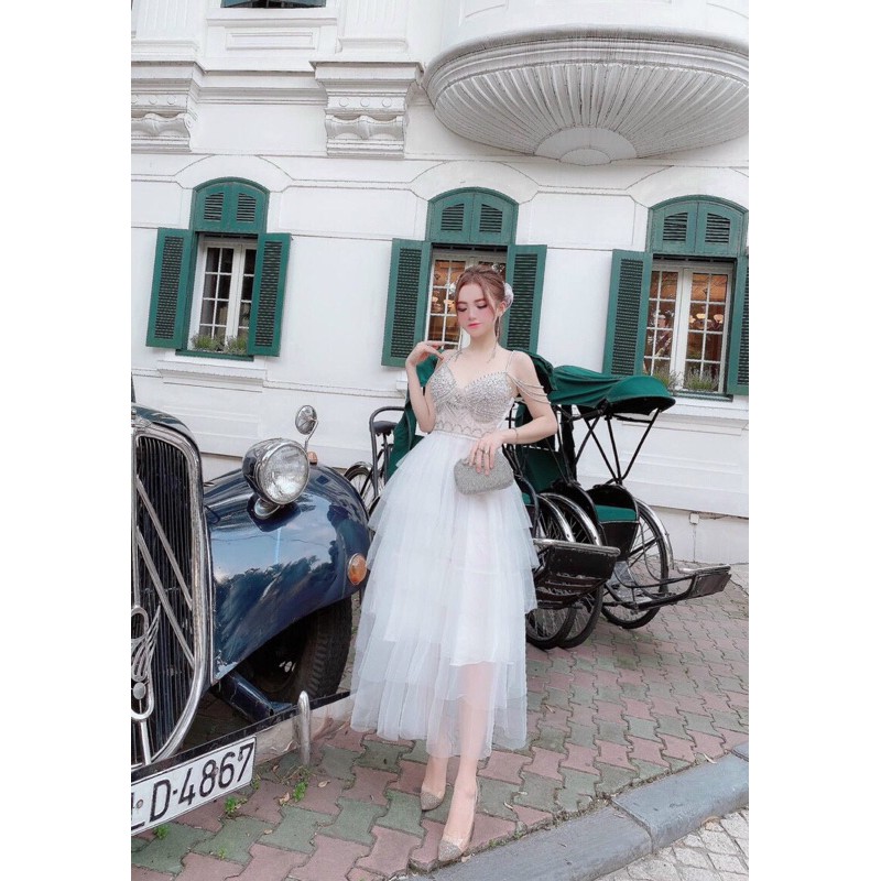 Đầm dự tiệc công chúa TRIPBLE T DRESS dây trễ vai chuỗi cườm sang trọng -size M/L - MS255V
