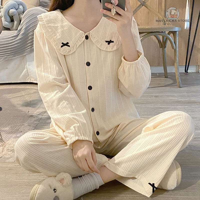 Bộ đồ ngủ dáng dài đính nơ kiểu dáng đáng yêu thời trang Hàn Quốc