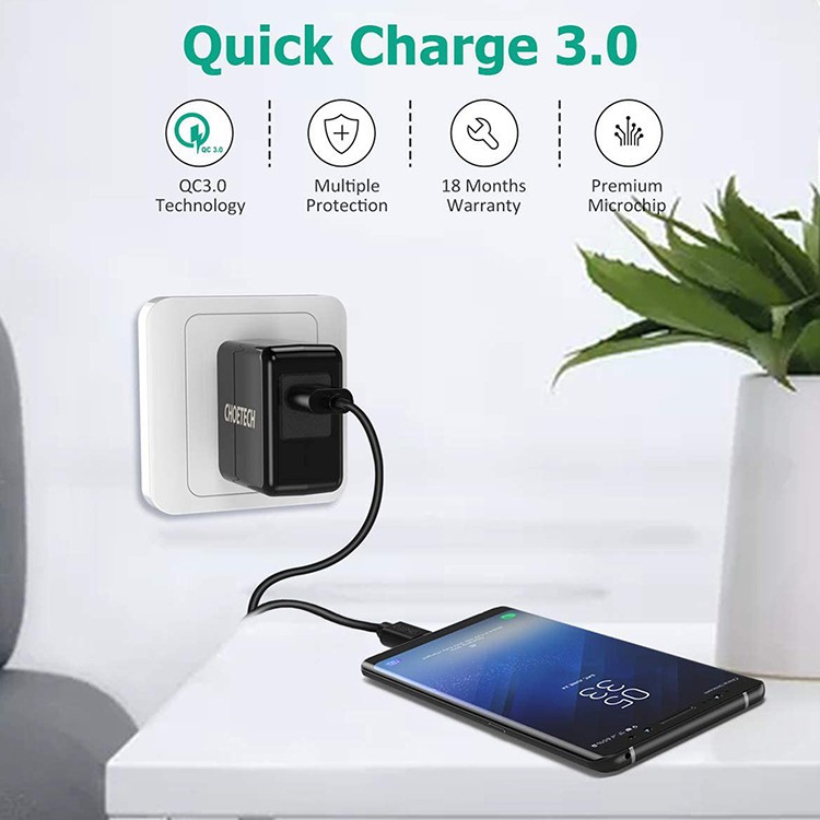 Sạc Nhanh CHOETECH 18W USB 3.0 Gắn Tường Dành Cho Samsung Galaxy S10/s9/s8/s7/note 9/8