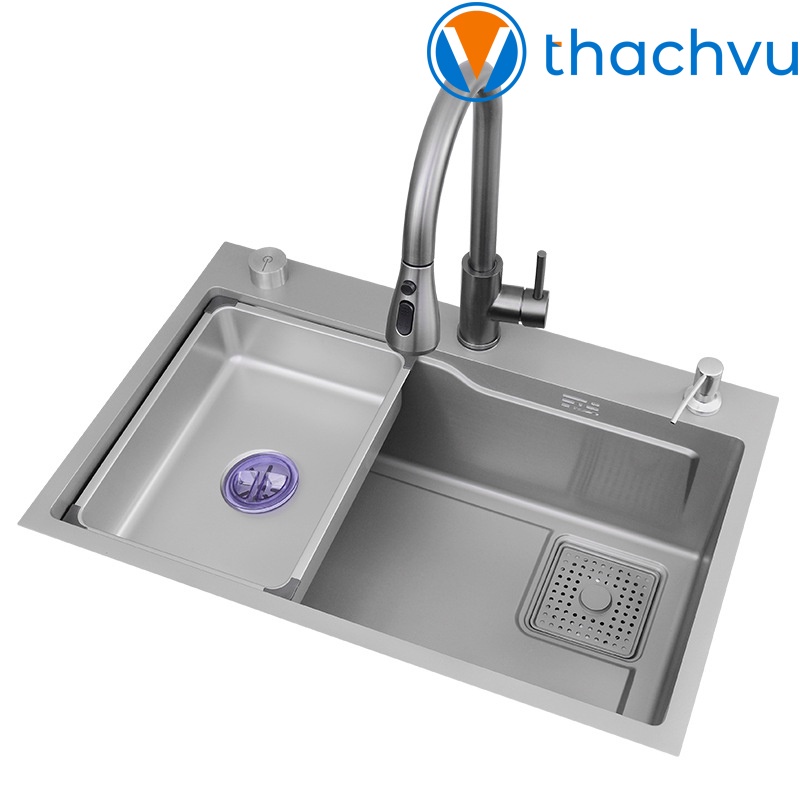 Bồn chậu rửa chén bát inox 304 1 hố lớn nano 75x46 chống bám bẩn, combo 1 bộ chậu, rổ, thớt, ống xả.