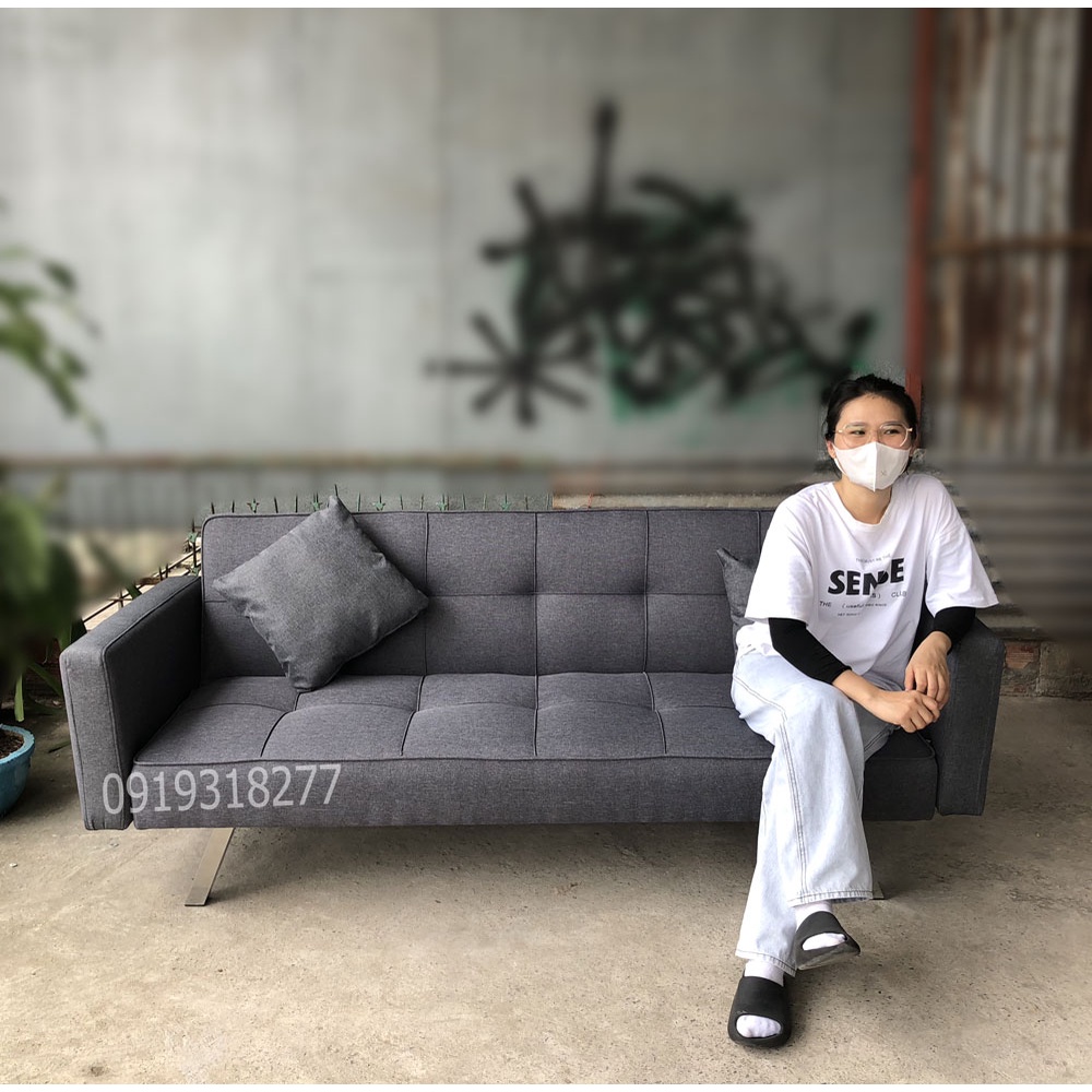 Ghế Sofa Bed Có Tay Vịn Hàng Lắp Ráp - Sofa Giường Đa Năng Vải Bố Màu Xám Chân Inox