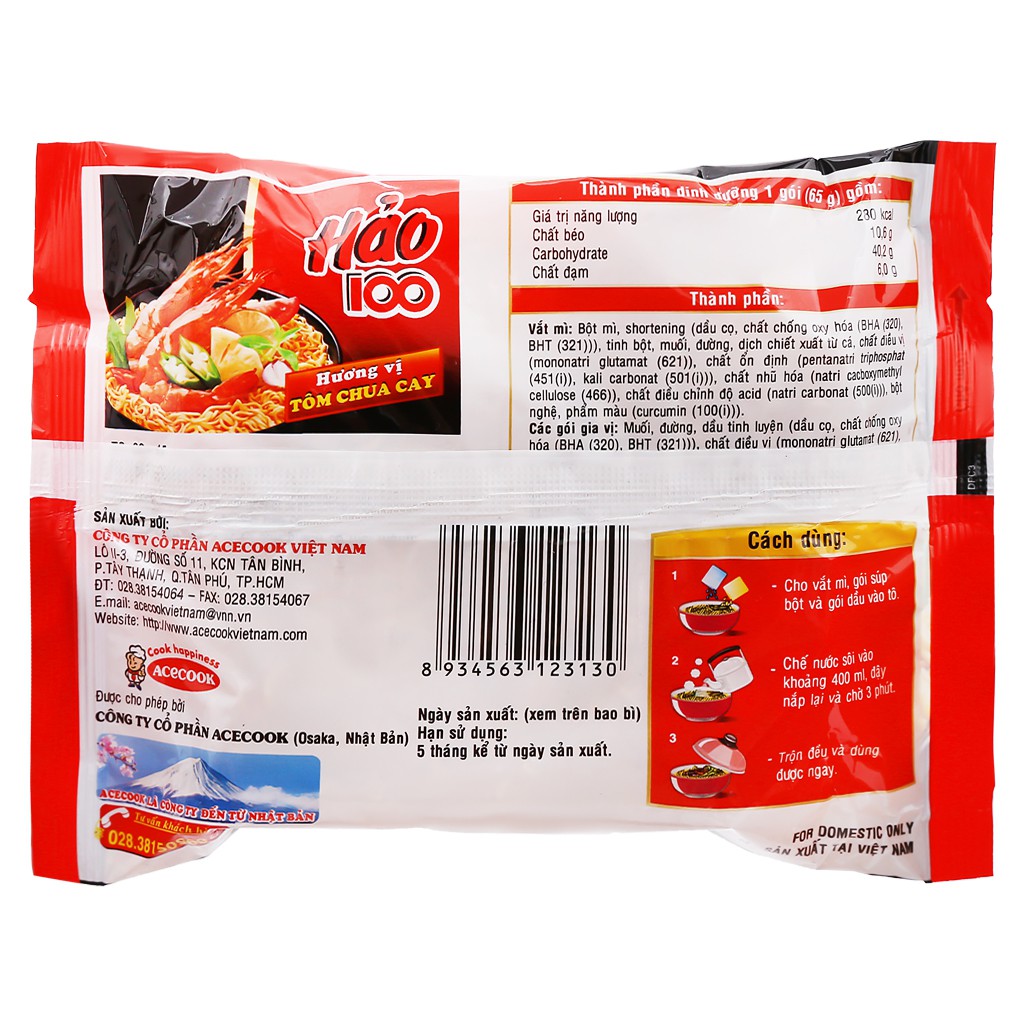 Thùng 30 gói mì Hảo 100 tôm chua cay 65g Acecook