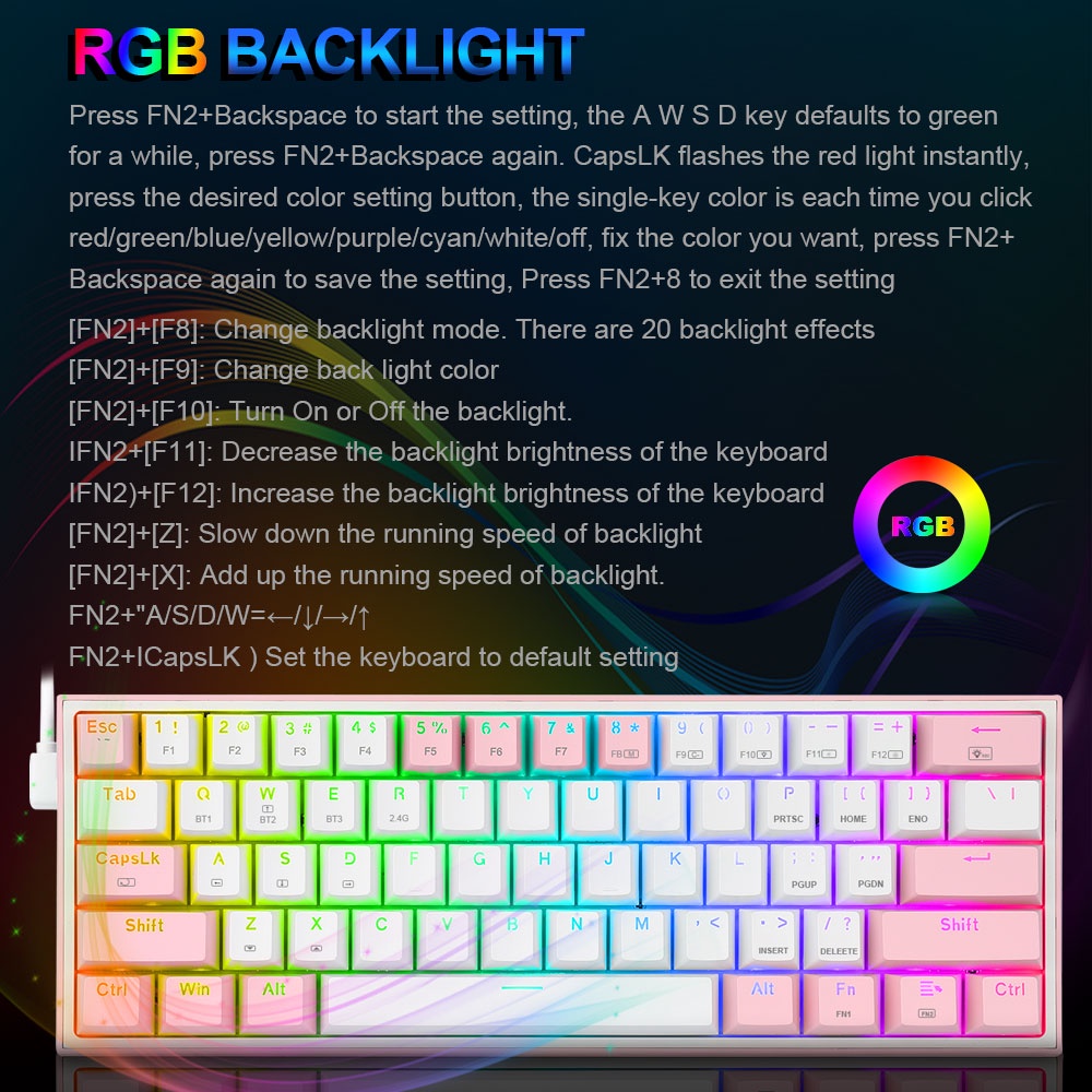 Bàn phím cơ Redragon Fizz Pro K616 RGB USB Bluetooth 2.4G 61 phím 3 chế độ với công tắc màu đỏ