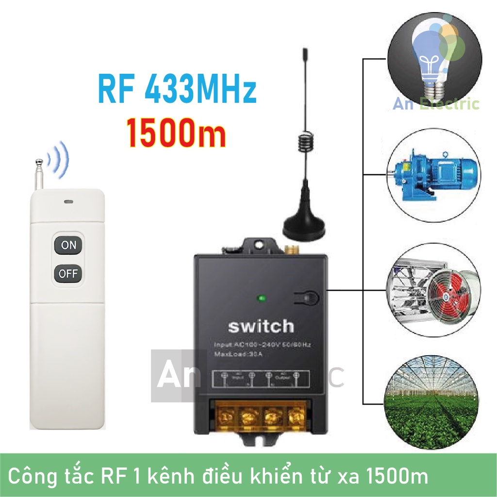 Công tắc điều khiển từ xa 220V 1500m công suất cao ngõ ra 30A bật tắt thiết bị chiếu sáng, máy bơm, quạt [RF-433MHz]