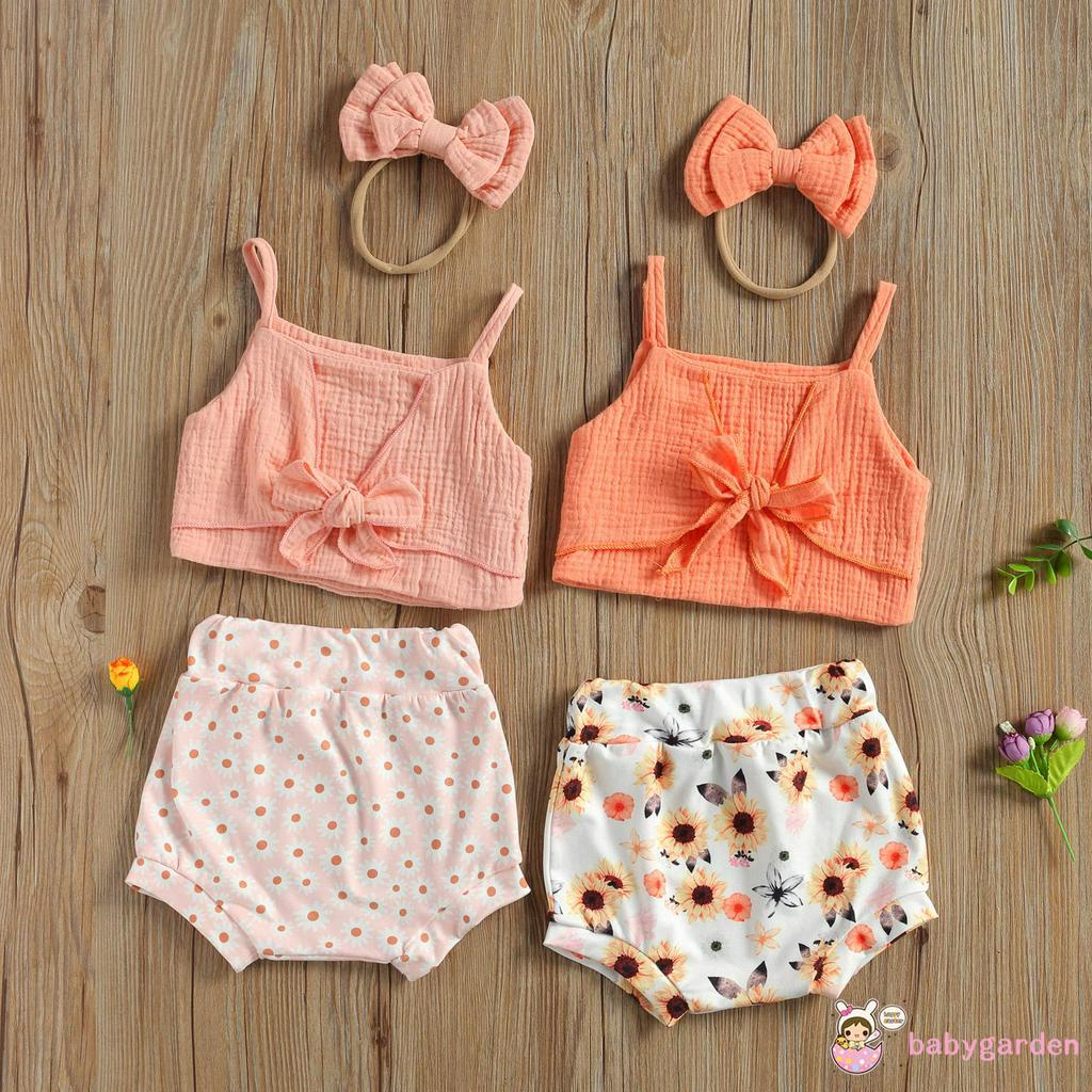 Bộ Áo Yếm Liền Quần Họa Tiết Hoa + Băng Đô Nơ Cho Bé Gái