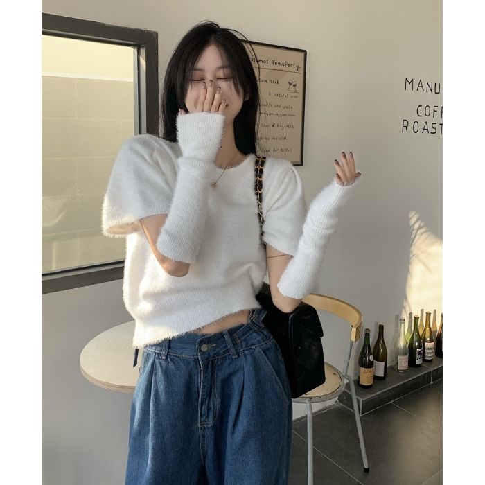 Bộ Áo Dệt Kim Tay Ngắn Cổ Tròn Màu Trơn Thời Trang Xuân Thu Dành Cho Nữ
