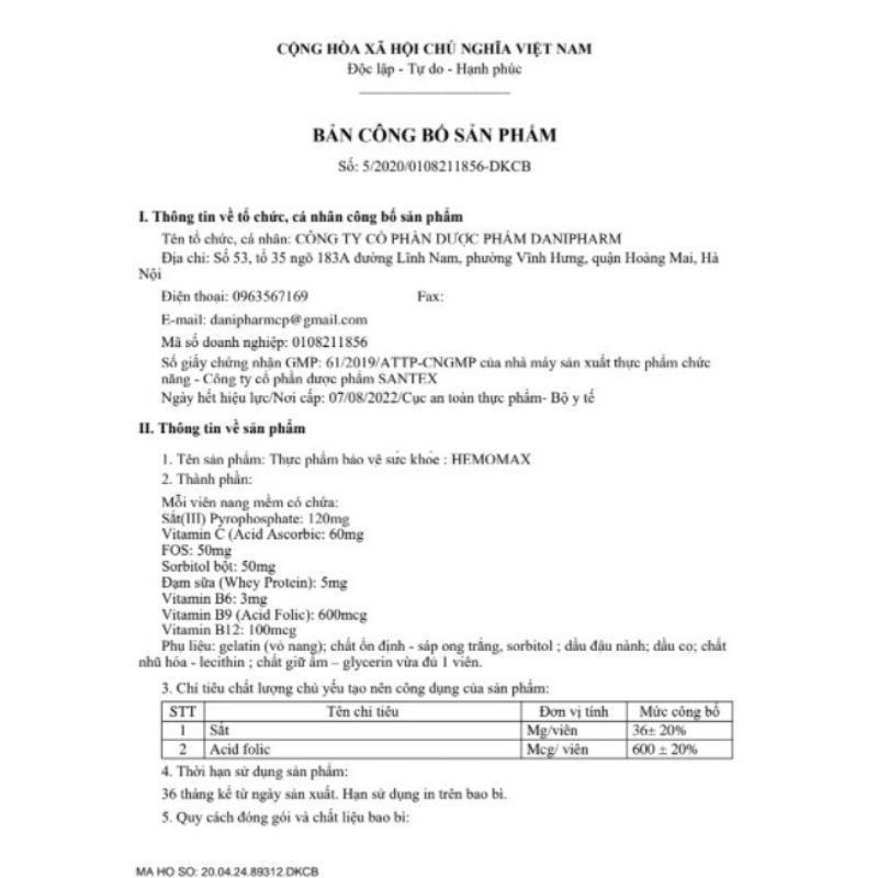 Viên sắt cho bà bầu Hemomax, hỗ trợ bổ sung sắt Acid Folic, cải thiện thiếu máu do thiếu sắt - Hộp 30 viên