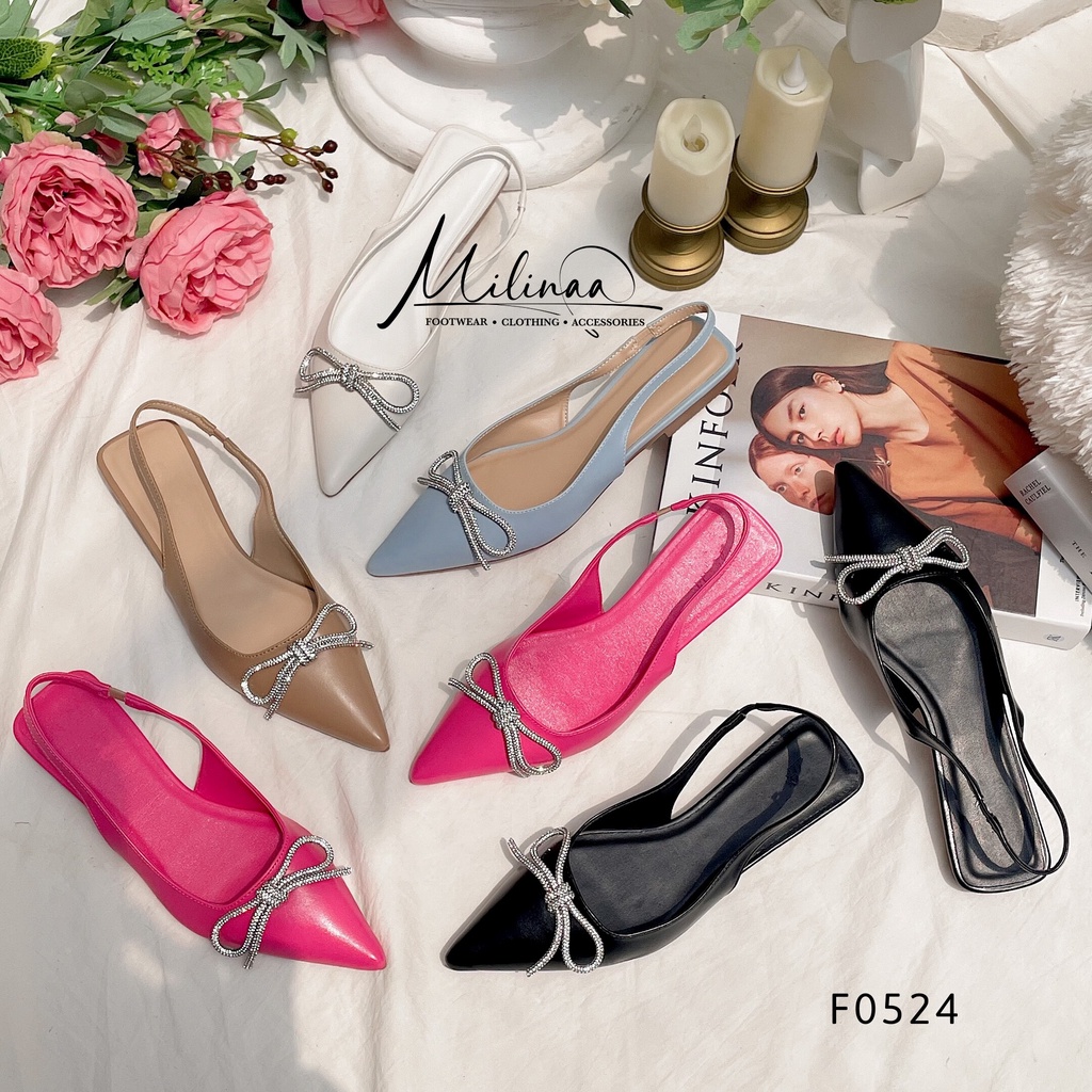 GIÀY SANDAL NỮ SLINGBACK ĐẾ BỆT BÍT MŨI NHỌN TRƠN PHỐI NƠ XOÀN ĐÁ HẬU THUN F0524