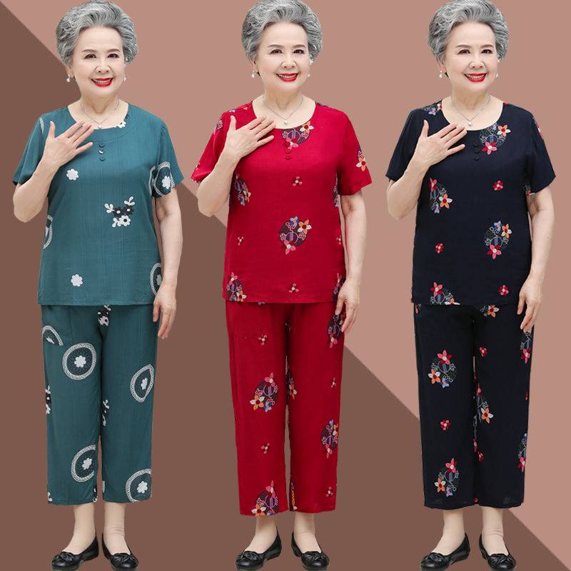 Bộ Đồ Ngủ Ngắn Tay Bằng Lụa Cotton Thời Trang Mùa Hè Cho Phụ Nữ Trung Niên 60-70 Tuổi
