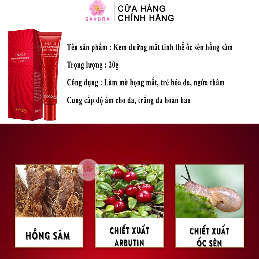 Kem dưỡng da mắt ốc sên BIOAQUA dưỡng ẩm loại bỏ quầng thâm và bọng mắt chống nếp nhăn SAKURA 20g