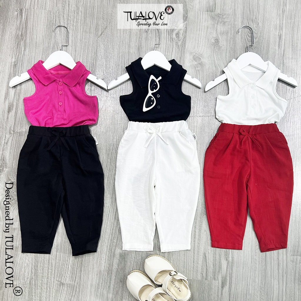 Áo Polo Bé Gái Sát Nách Màu Đơn Sắc, Quần Dài Bé Gái Dáng Baggy Phối Set Cực Yêu, Set Bé Gái Tulalove