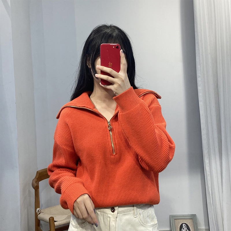 FVOO Maje 2022 spot French autumn and winter new women's clothing design sense half zipper large lapel sweater loose sweater