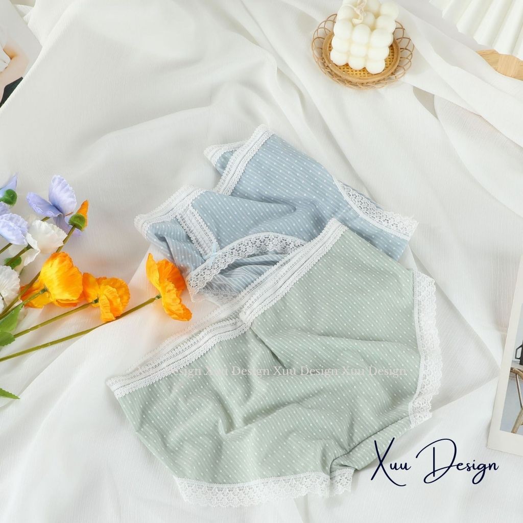 Quần lót nữ Wexuu Design, Quần lót ren nơ họa tiết chấm bi chất vải mềm mại co dãn có kháng khuẩn cao cấp - QC35
