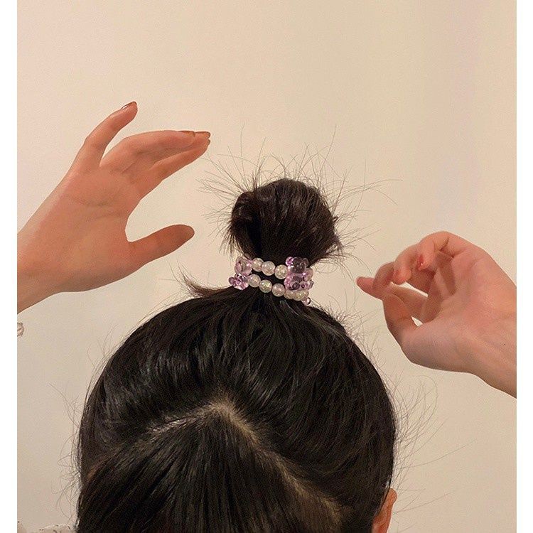 Dây buộc tóc đính hạt hình gấu thời trang