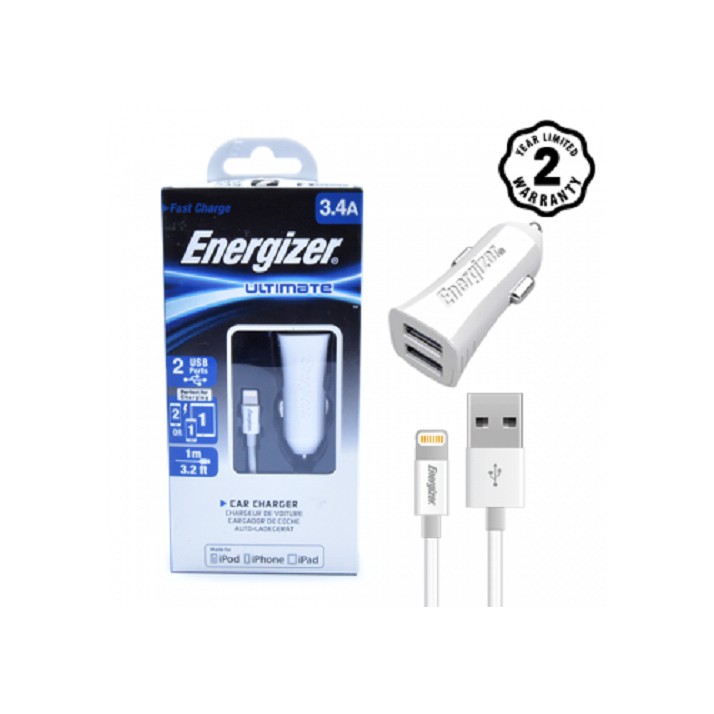 [Mã ELDTR40 giảm 7% đơn 299K] Sạc Ô tô Energizer UL 3.4A 2 USB + 1 Cáp Lightning - DCA2CULI3