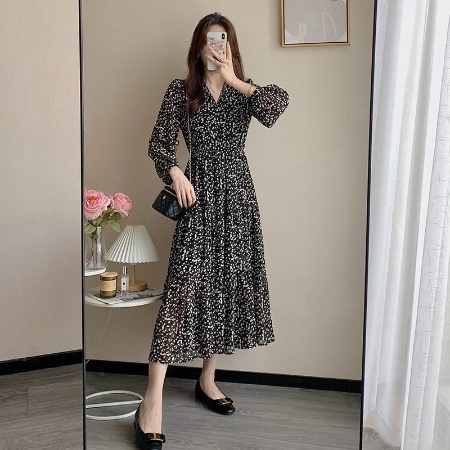 Đen Đầm Voan Hoa Dài Tay Cổ Tim Xinh Xắn Theo Phong Cách Hàn Quốc Dành Cho Nữ