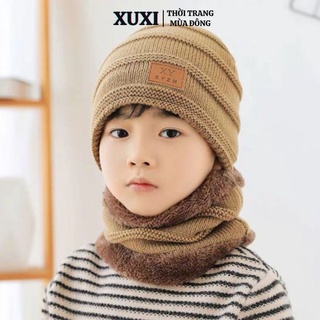 Mũ len cho bé trai gái hàn quốc kèm khăn quàng cổ XUXI nón len cho bé trùm đầu mùa đông giữ ấm cao cấp