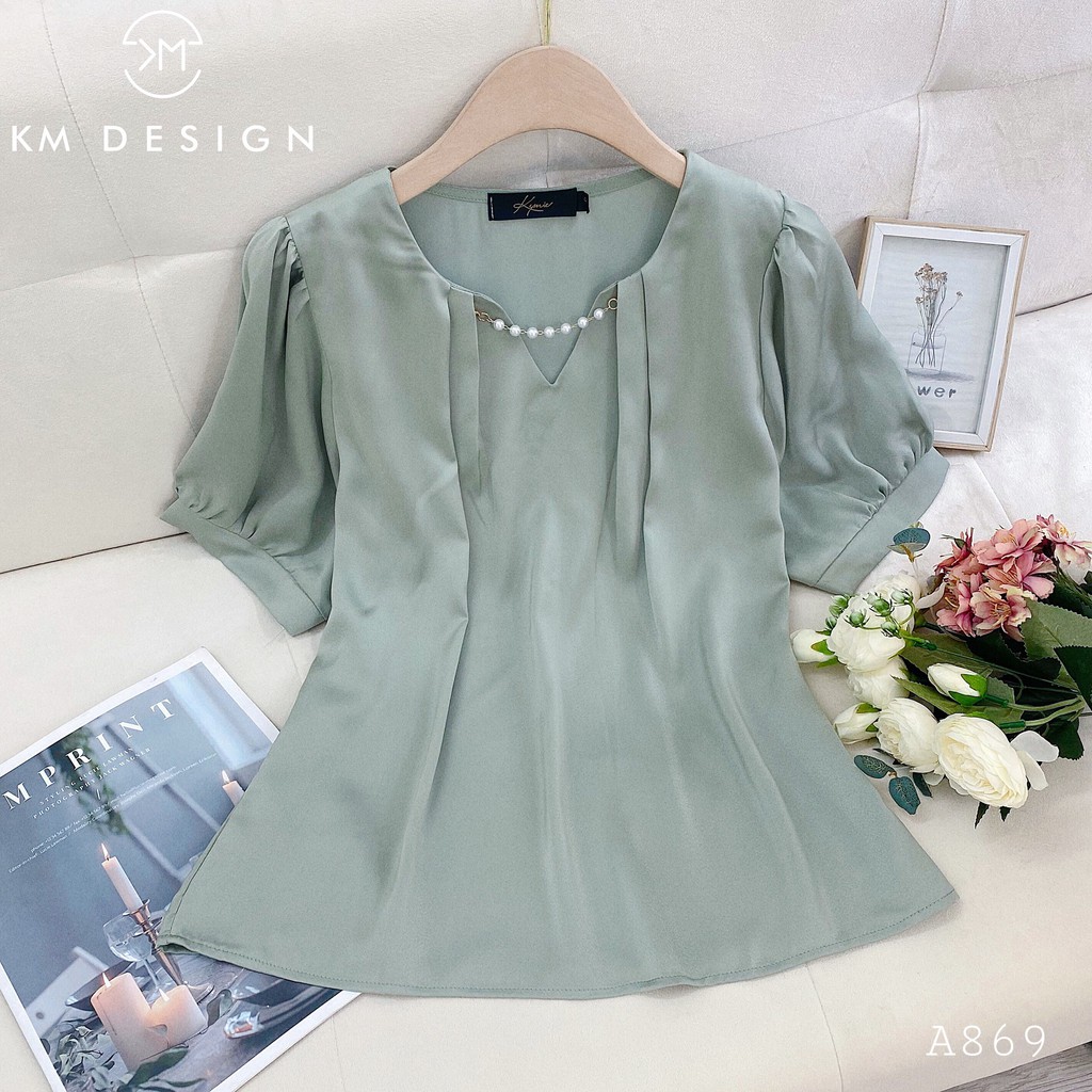 Áo sơ mi lụa cổ V kèm dây xích, áo nữ tay bồng cộc tay cách điệu A869 KYMIE