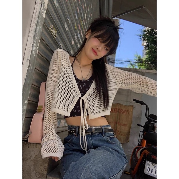 TÁCH SET ÁO CARDIGAN LƯỚI MỎNG CỘT DÂY + QUẦN LOE TUA RUA XANH