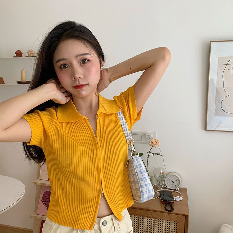 Áo croptop dệt kim IELGY tay ngắn phối khóa kéo kiểu dáng thời trang cho nữ