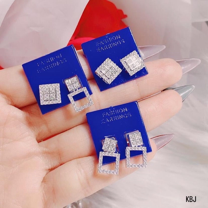 Bông tai nữ bạc ta vuông đá đeo nhiều kiểu xinh xắn - Kho sỉ bạc Nhất Linh