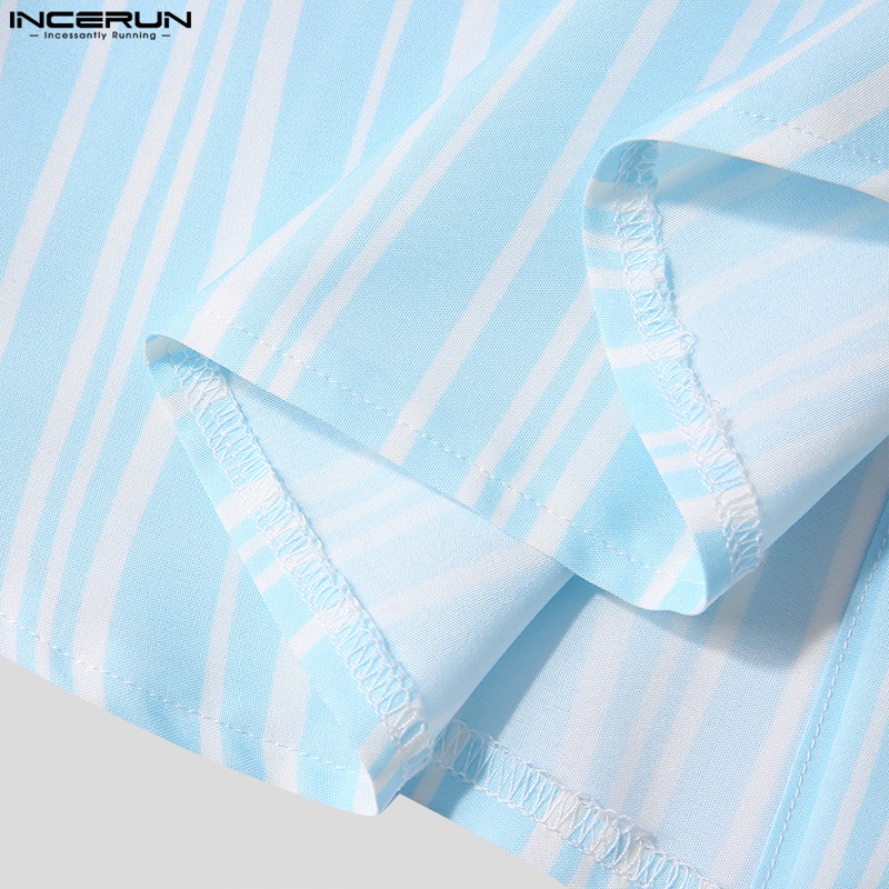 Áo sơ mi INCERUN tay ngắn dáng rộng họa tiết kẻ sọc màu xanh gradient thời trang cho nam