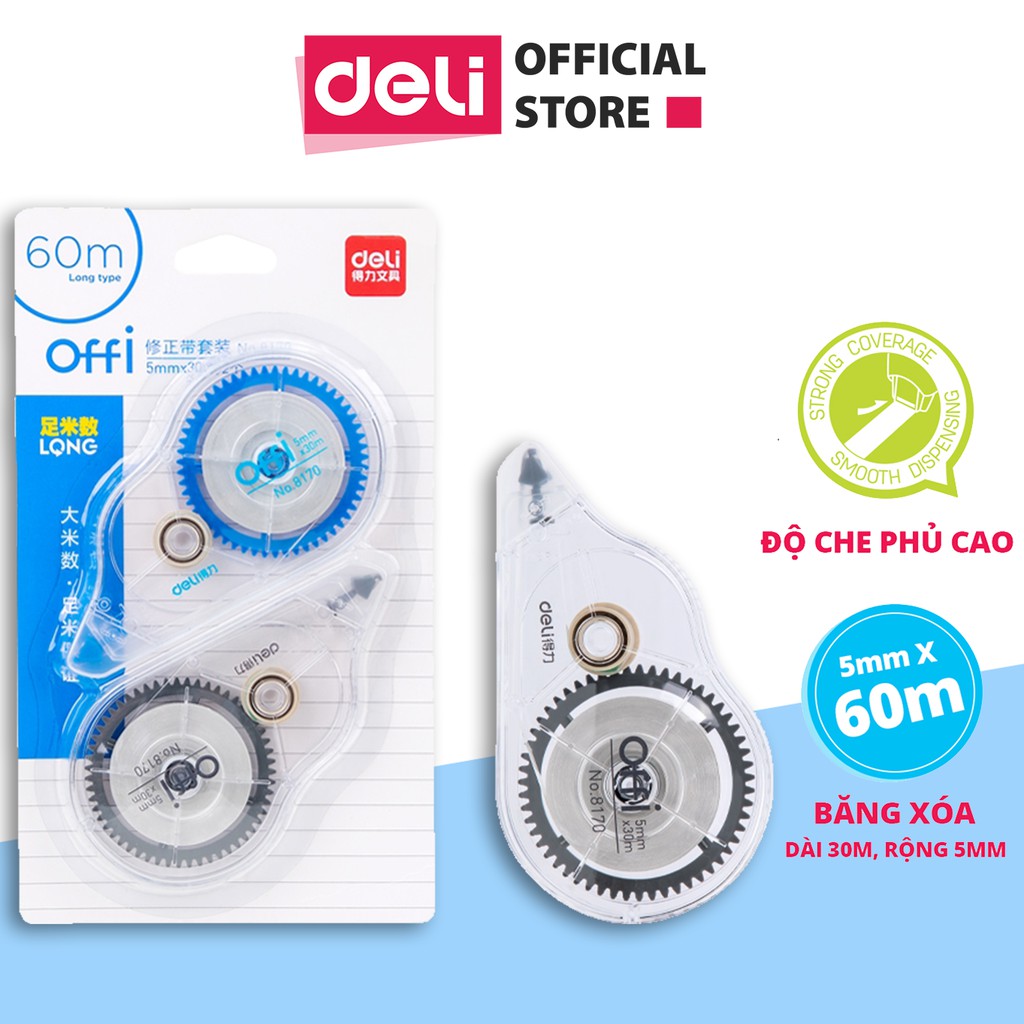 Set bút xóa băng cao cấp Deli Dài 30m/c - 2 chiếc/vỉ - 8170