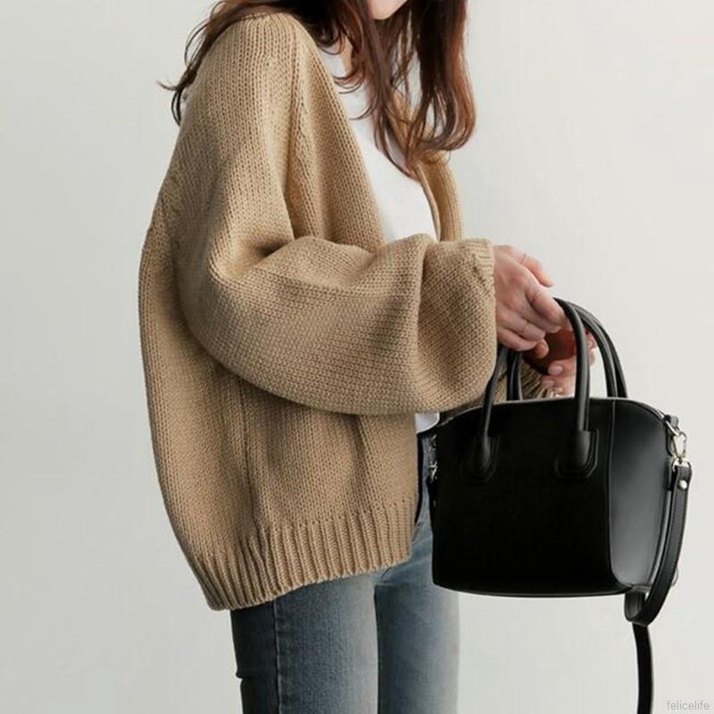 Áo khoác Cardigan dệt kim tay dài màu trơn thiết kế dáng rộng thoải mái
