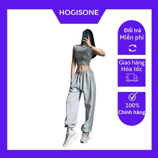 Quần jogger nữ chất nỉ cotton bo gấu ống rộng phong cách thể thao hogisone