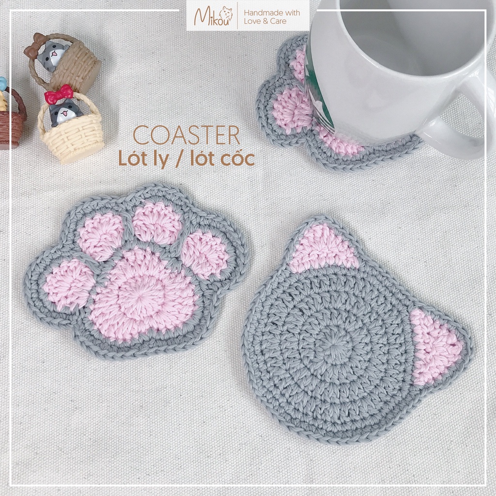 Lót ly hình mèo cotton thấm hút nước, handmade cat coaster, mikou shop