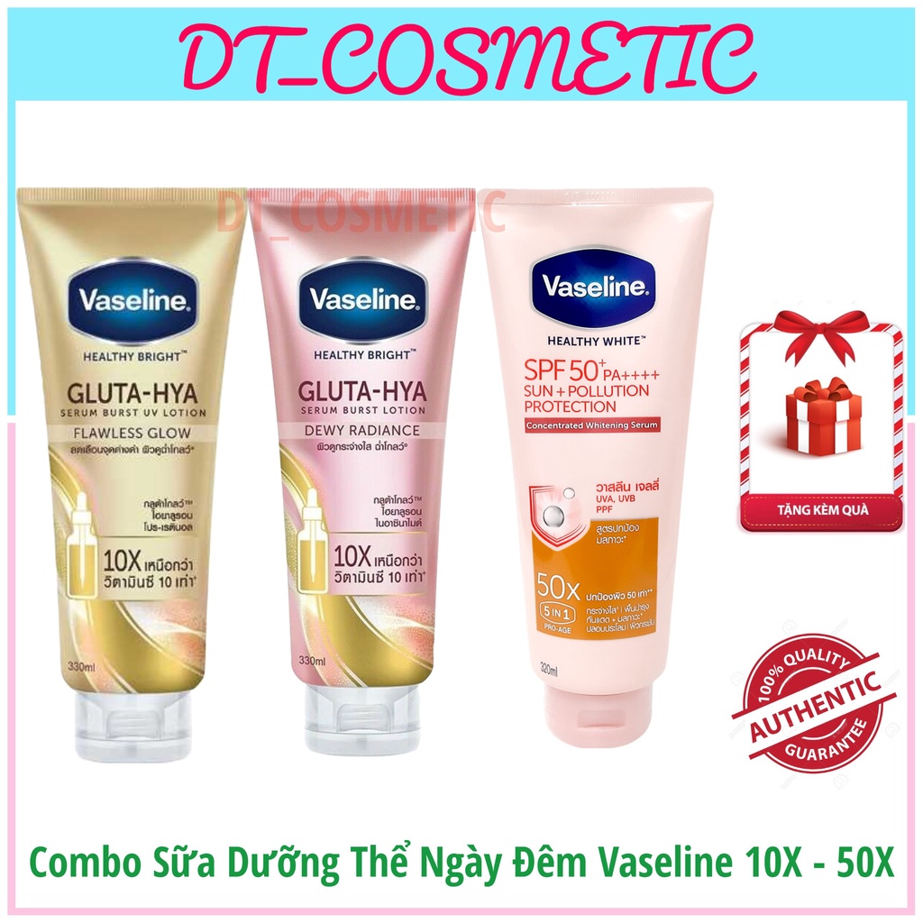 Sữa dưỡng thể Vaseline ngày và đêm Gluta-Hya 10X , Kem dưỡng ẩm trắng da chống nắng SPF50+++ 50X