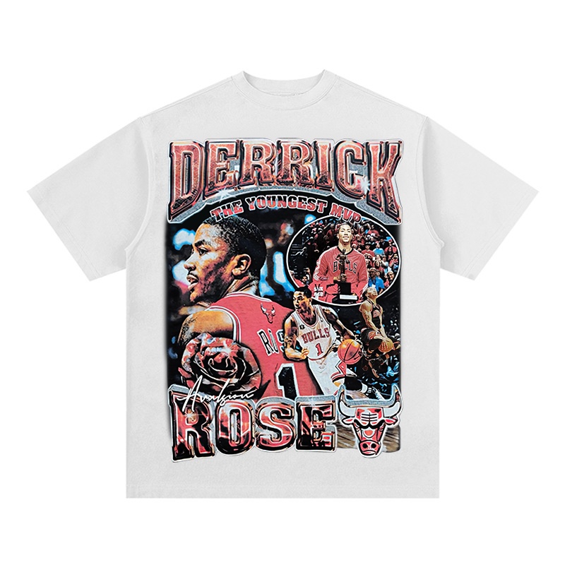 Áo Thun Vintage Derrick Rose 100% Cotton Tay Lỡ Unisex - Đen/Trắng Cổ Tròn | Blackwork