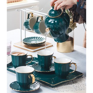 ORDER Bộ ấm chén trà men sứ xanh cao cấp mạ vàng Sapin - Bộ ấm tách phong cách Châu Âu sang trọng đẳng cấp